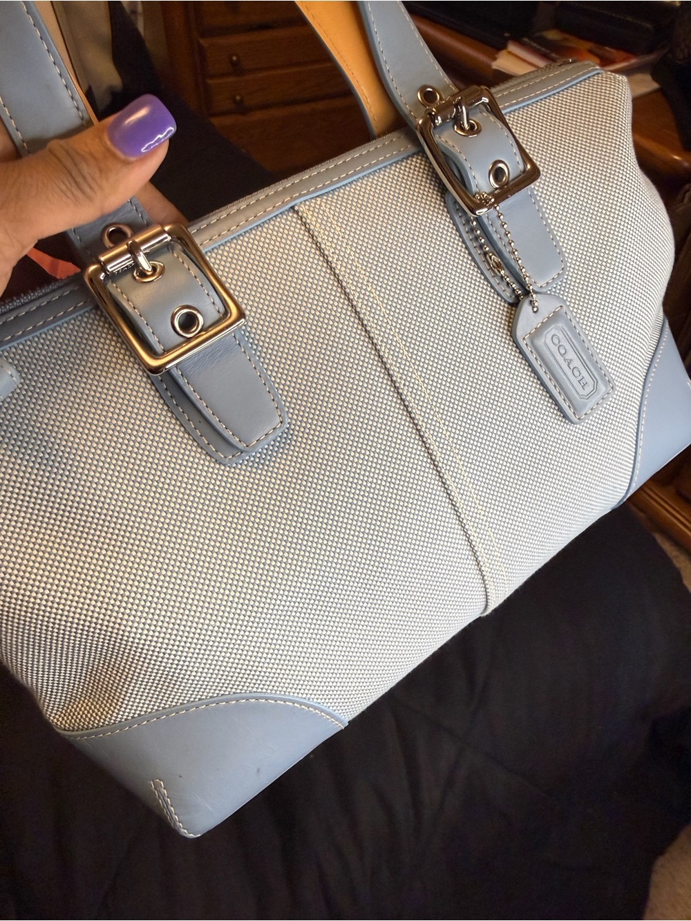 Coach Hamptons Vintage Canvas & Leather Tote Bag Y2K Baby Blue Zip Top #1842 - Picture 9 of 16